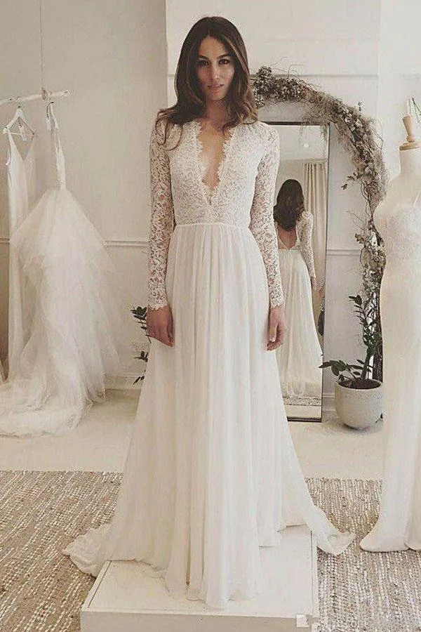 Roycebridal Charming Affordable Chiffon Long Sleeve V Neck Formal Long Wedding Dresses, MW116