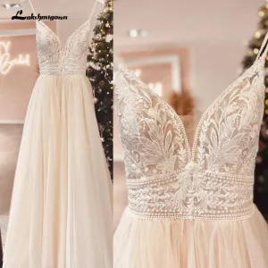 Roycebridal Spaghetti Straps Champagne Boho Wedding Dress For Women 2025 Vestido Civil Bridal Church Wedding Gowns suknie slubne